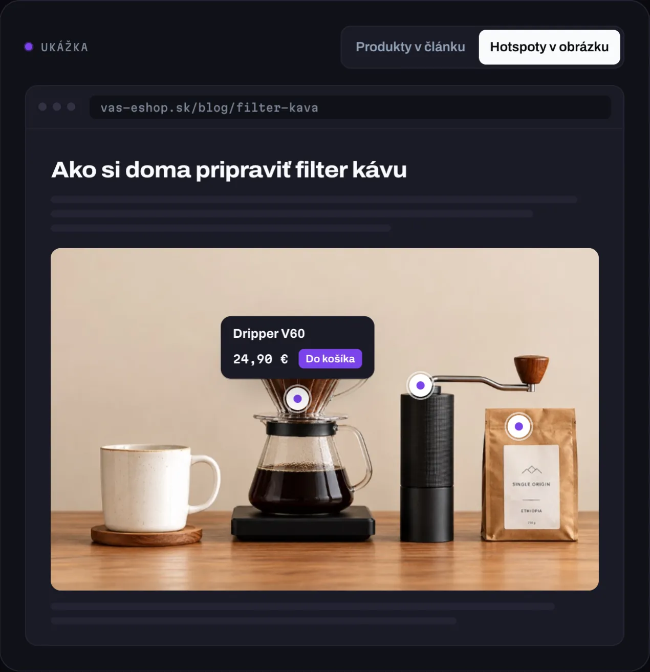 Fotka kávového stola s bodmi na produktoch a otvorenou kartou drippera