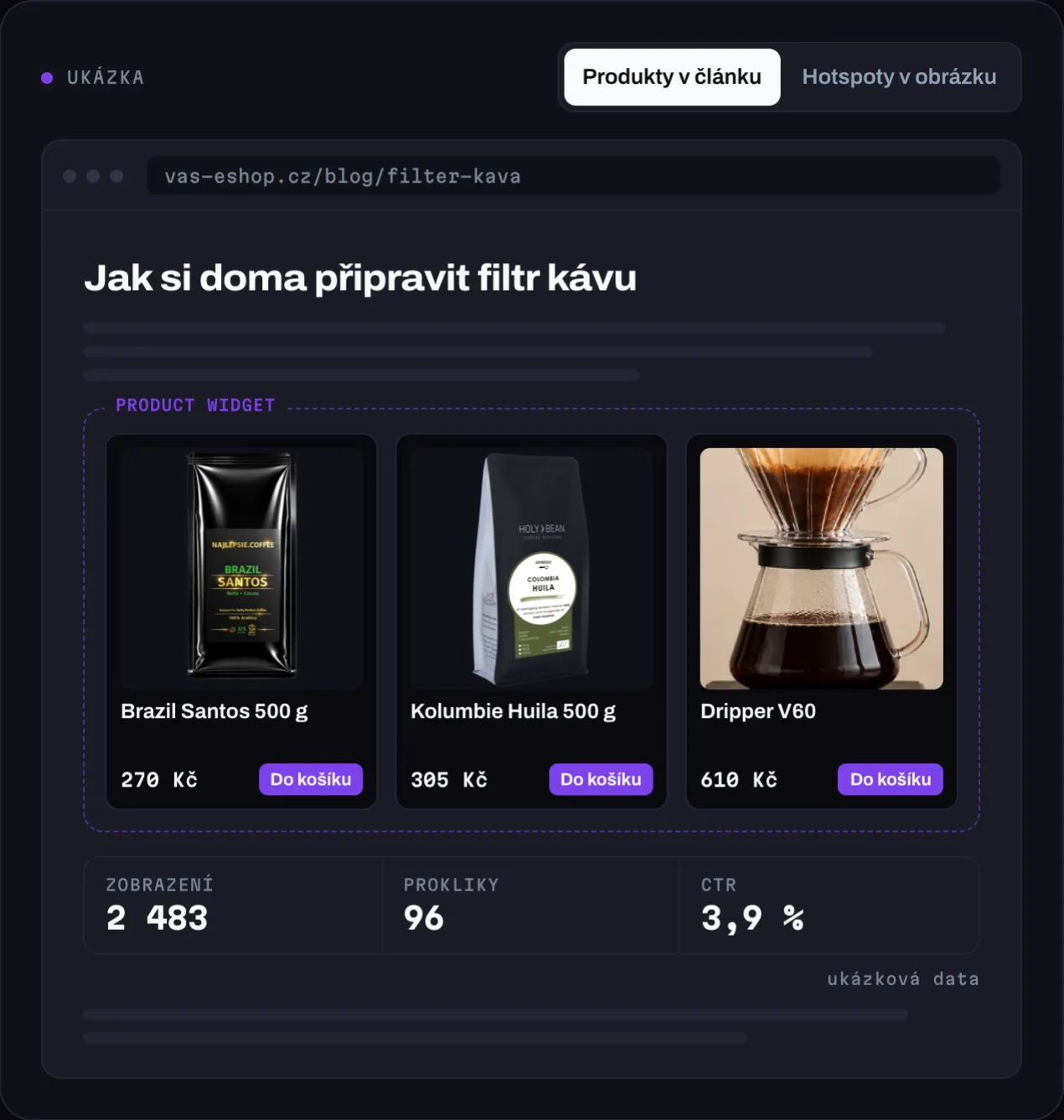 Článek o filtr kávě se třemi produkty a tlačítky Do košíku