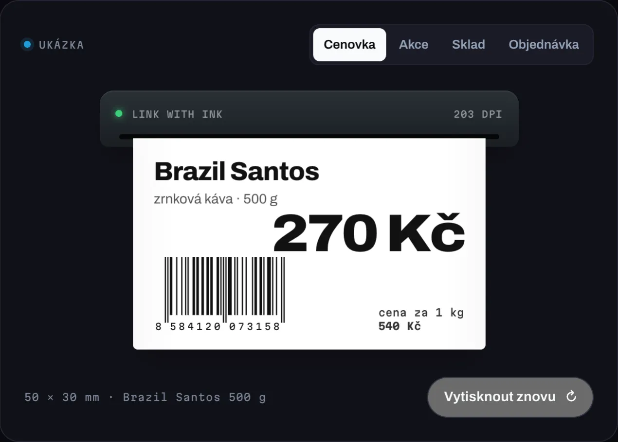 Cenovka s názvem produktu, cenou, čárovým kódem a cenou za kilogram