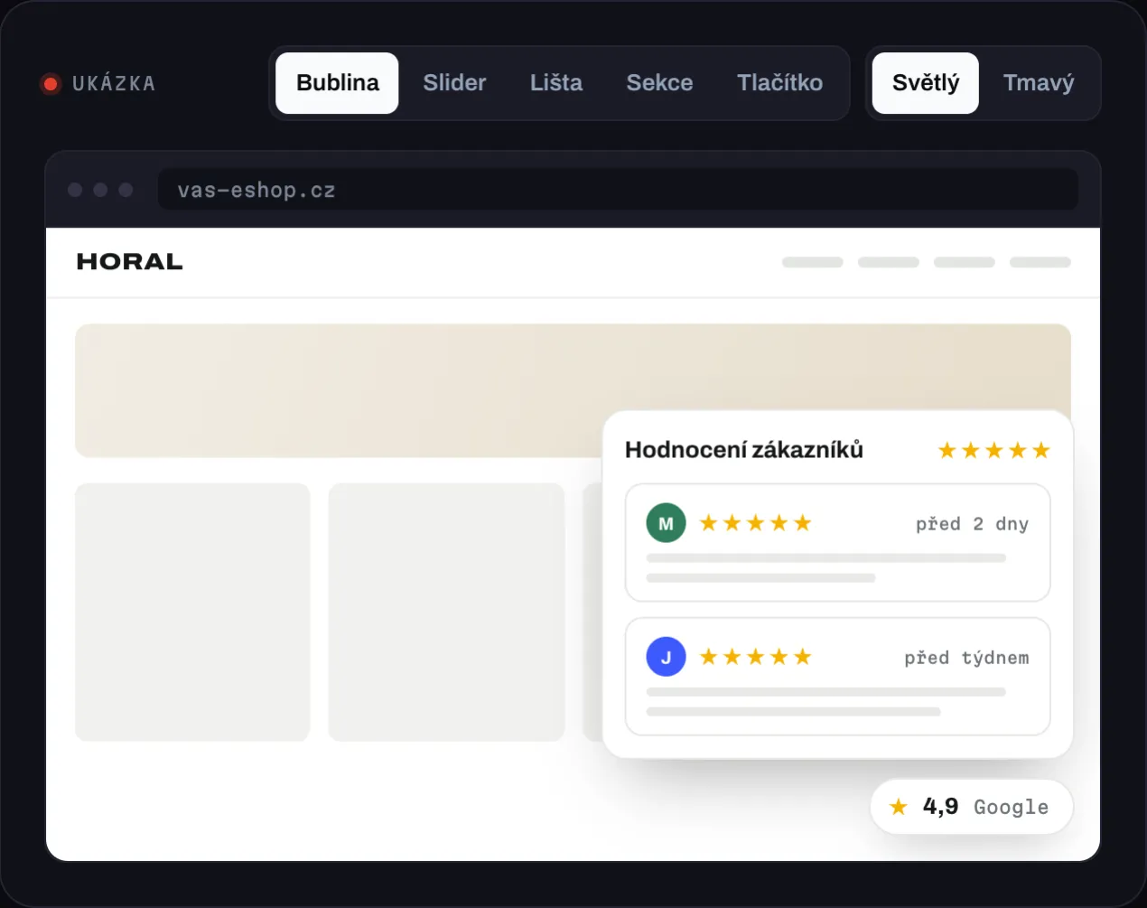 Plovoucí bublina s hodnocením v rohu e-shopu