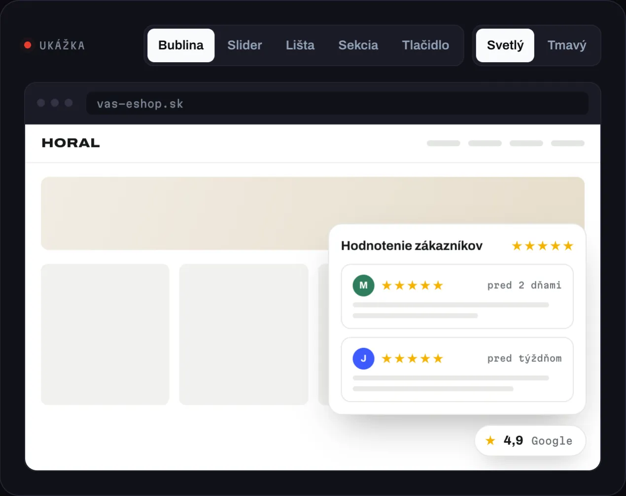 Plávajúca bublina s hodnotením v rohu e-shopu